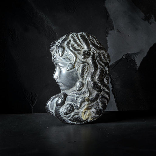 Silver Sheen Obsidian Medusa Carving